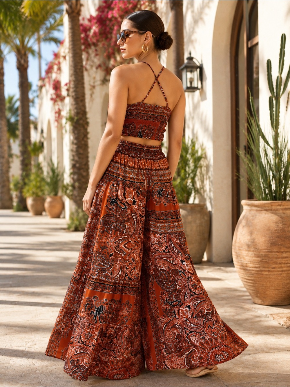 NWT Paisley Palazzo Pants & Halter Crop Top Matching Set Boho Resort L